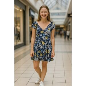 Abercrombie‎ & Fitch Navy Blue Yellow Floral V Neck Mini Dress